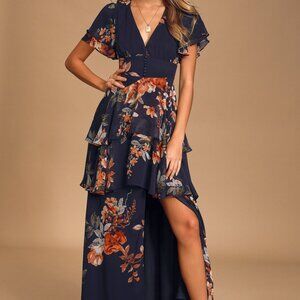 NWT Lulu's Midnight Mood Navy Blue Floral Print Tiered Maxi Dress